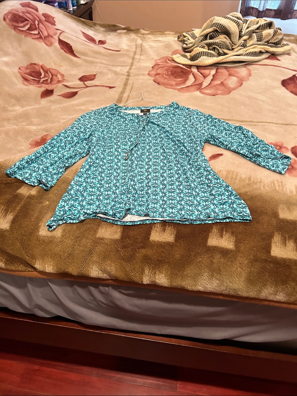 JM Collection Teal Printed 3/4 Sleeve Blouse